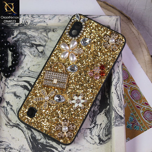 Samsung Galaxy A10 Cover - Golden - New Bling Bling Sparkle 3D Flowers Shiny Glitter Texture Protective Case