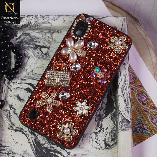 Samsung Galaxy A10 Cover - Red - New Bling Bling Sparkle 3D Flowers Shiny Glitter Texture Protective Case
