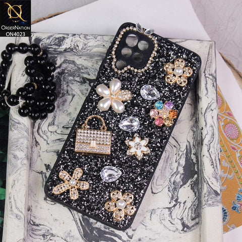 Samsung Galaxy A12 Cover - Black - New Bling Bling Sparkle 3D Flowers Shiny Glitter Texture Protective Case