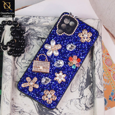 Samsung Galaxy A12 Nacho Cover - Blue - New Bling Bling Sparkle 3D Flowers Shiny Glitter Texture Protective Case