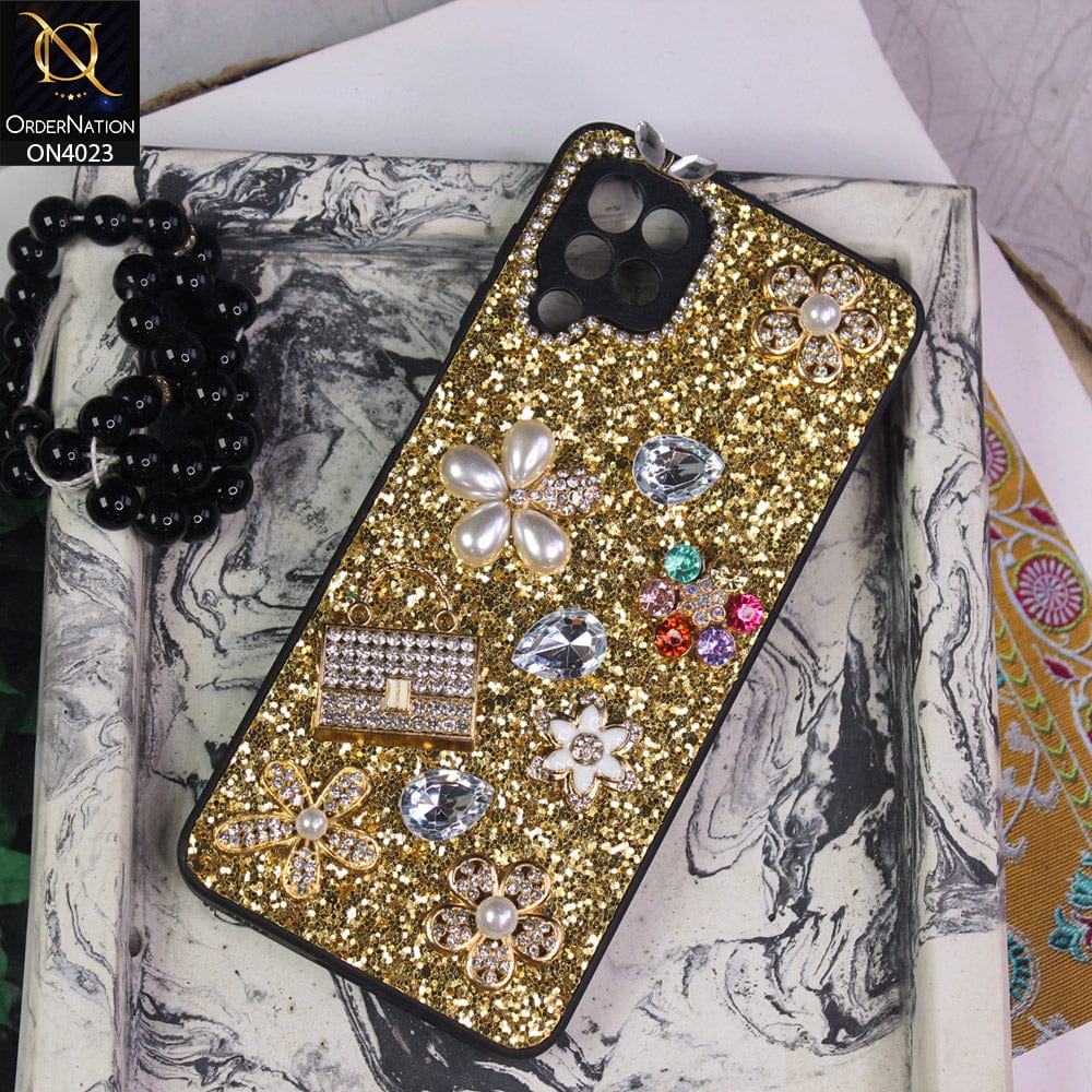 Samsung Galaxy A12 Nacho Cover - Golden - New Bling Bling Sparkle 3D Flowers Shiny Glitter Texture Protective Case