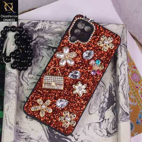 Samsung Galaxy A12 Nacho Cover - Red - New Bling Bling Sparkle 3D Flowers Shiny Glitter Texture Protective Case