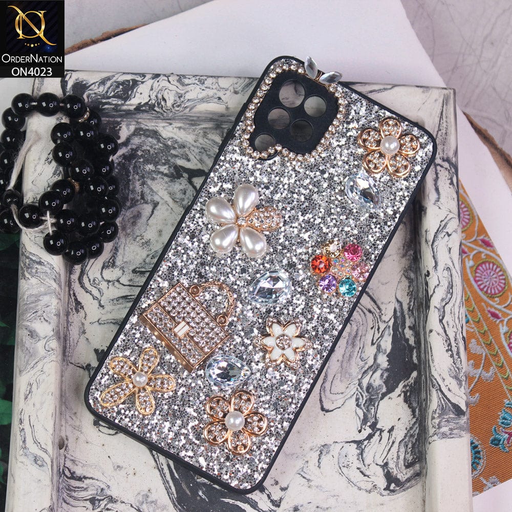 Samsung Galaxy A12 Nacho Cover - Silver - New Bling Bling Sparkle 3D Flowers Shiny Glitter Texture Protective Case