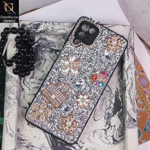 Samsung Galaxy A12 Nacho Cover - Silver - New Bling Bling Sparkle 3D Flowers Shiny Glitter Texture Protective Case