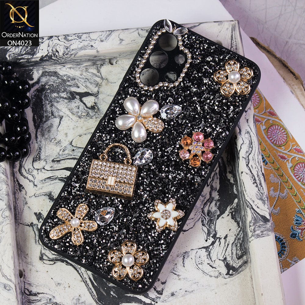 Samsung Galaxy A13 Cover - Black - New Bling Bling Sparkle 3D Flowers Shiny Glitter Texture Protective Case