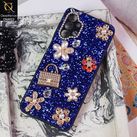 Samsung Galaxy A13 Cover - Blue - New Bling Bling Sparkle 3D Flowers Shiny Glitter Texture Protective Case