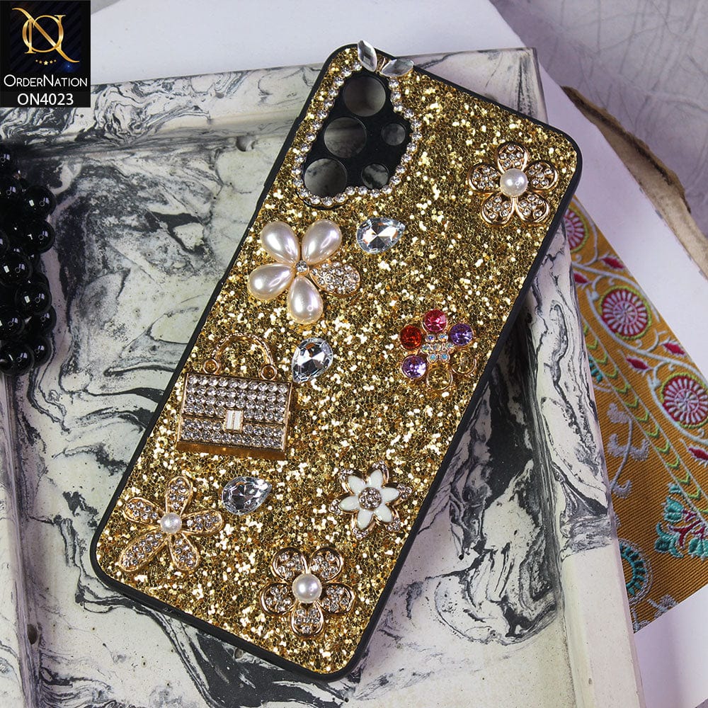 Samsung Galaxy A13 Cover - Golden - New Bling Bling Sparkle 3D Flowers Shiny Glitter Texture Protective Case