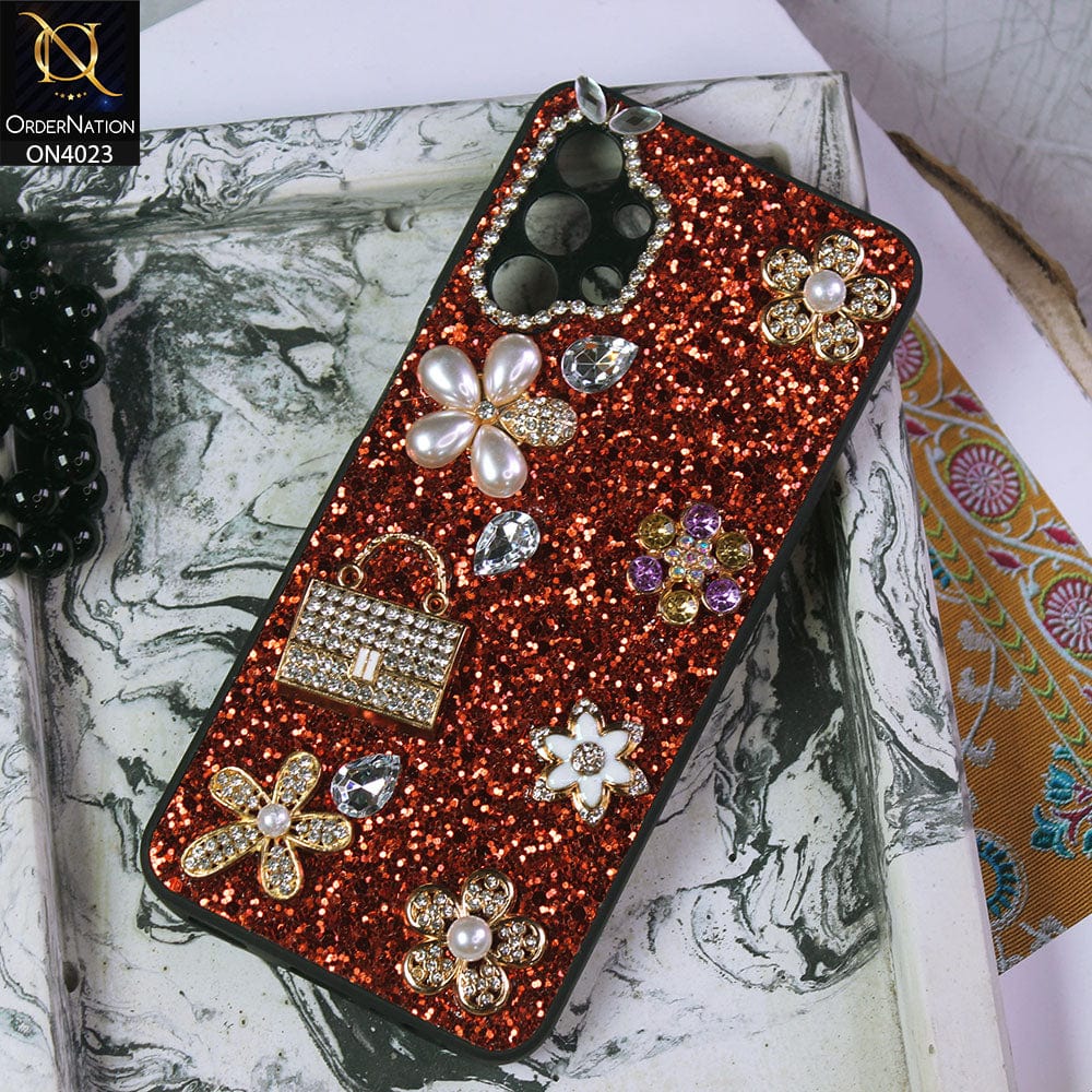 Samsung Galaxy A13 Cover - Red - New Bling Bling Sparkle 3D Flowers Shiny Glitter Texture Protective Case