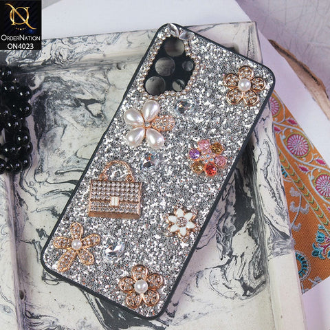 Samsung Galaxy A13 Cover - Silver - New Bling Bling Sparkle 3D Flowers Shiny Glitter Texture Protective Case