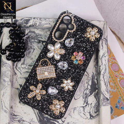 Samsung Galaxy A14 Cover - Black - New Bling Bling Sparkle 3D Flowers Shiny Glitter Texture Protective Case
