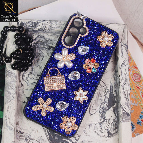 Samsung Galaxy A14 Cover - Blue - New Bling Bling Sparkle 3D Flowers Shiny Glitter Texture Protective Case
