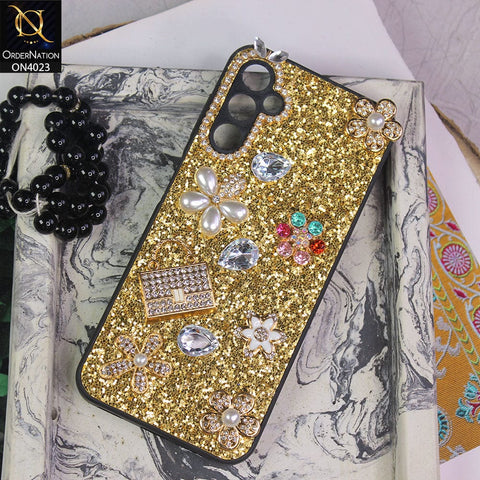 Samsung Galaxy A14 Cover - Golden - New Bling Bling Sparkle 3D Flowers Shiny Glitter Texture Protective Case