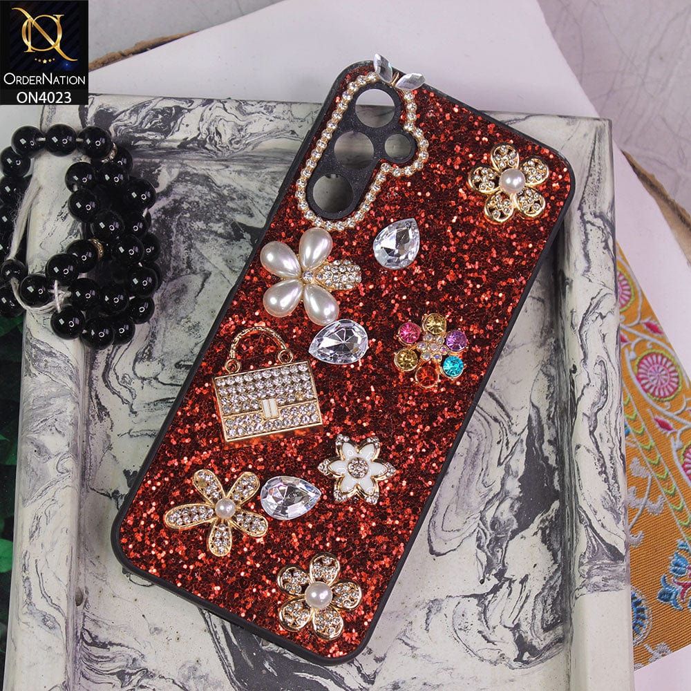 Samsung Galaxy A14 Cover - Red - New Bling Bling Sparkle 3D Flowers Shiny Glitter Texture Protective Case