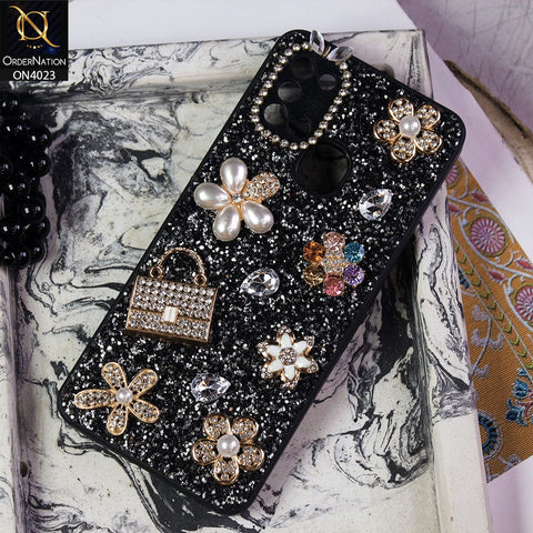 Samsung Galaxy A21s Cover - Black - New Bling Bling Sparkle 3D Flowers Shiny Glitter Texture Protective Case