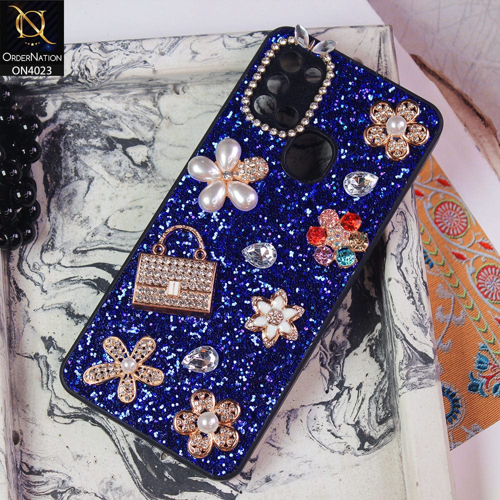 Samsung Galaxy A21s Cover - Blue - New Bling Bling Sparkle 3D Flowers Shiny Glitter Texture Protective Case