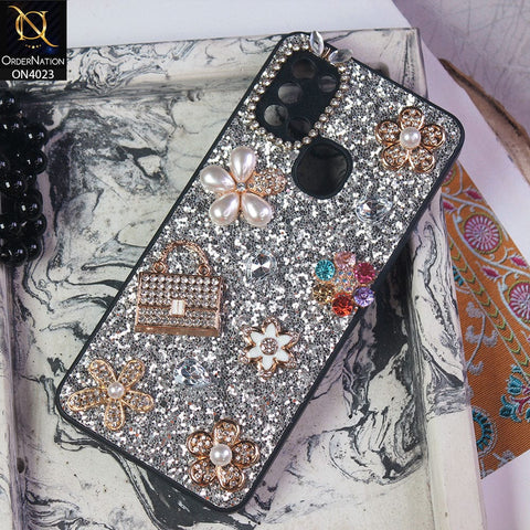 Samsung Galaxy A21s Cover - Silver - New Bling Bling Sparkle 3D Flowers Shiny Glitter Texture Protective Case
