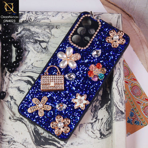 Samsung Galaxy A32 Cover - Blue - New Bling Bling Sparkle 3D Flowers Shiny Glitter Texture Protective Case