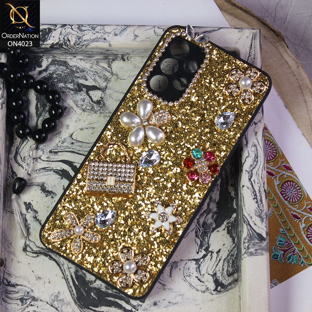 Samsung Galaxy A32 Cover - Golden - New Bling Bling Sparkle 3D Flowers Shiny Glitter Texture Protective Case