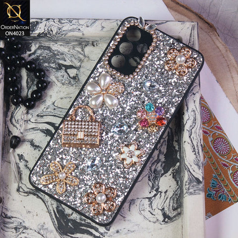 Samsung Galaxy A32 Cover - Silver - New Bling Bling Sparkle 3D Flowers Shiny Glitter Texture Protective Case