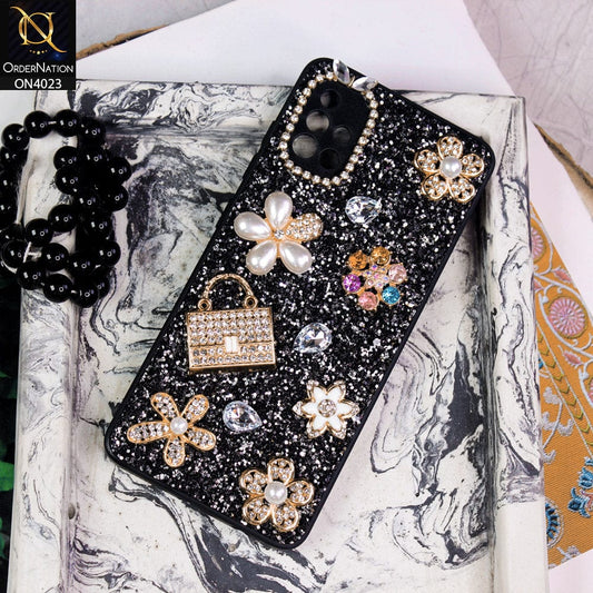 Samsung Galaxy A51 Cover - Black - New Bling Bling Sparkle 3D Flowers Shiny Glitter Texture Protective Case