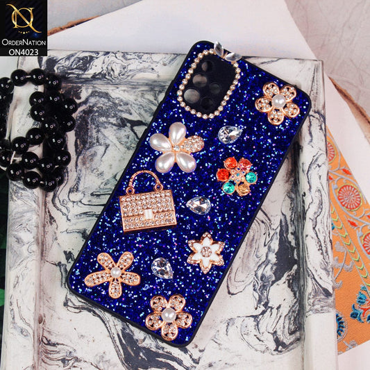Samsung Galaxy A51 Cover - Blue - New Bling Bling Sparkle 3D Flowers Shiny Glitter Texture Protective Case