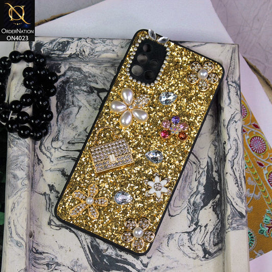 Samsung Galaxy A51 Cover - Golden - New Bling Bling Sparkle 3D Flowers Shiny Glitter Texture Protective Case