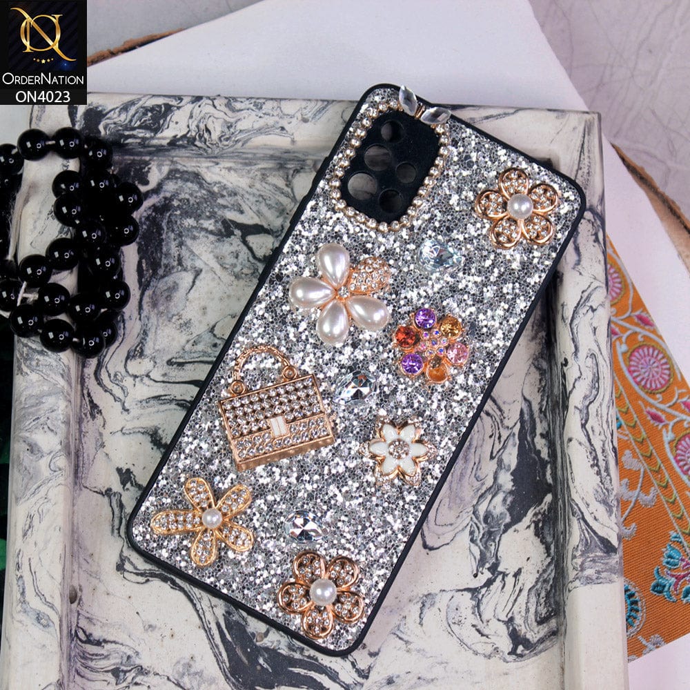 Samsung Galaxy A51 Cover - Silver - New Bling Bling Sparkle 3D Flowers Shiny Glitter Texture Protective Case