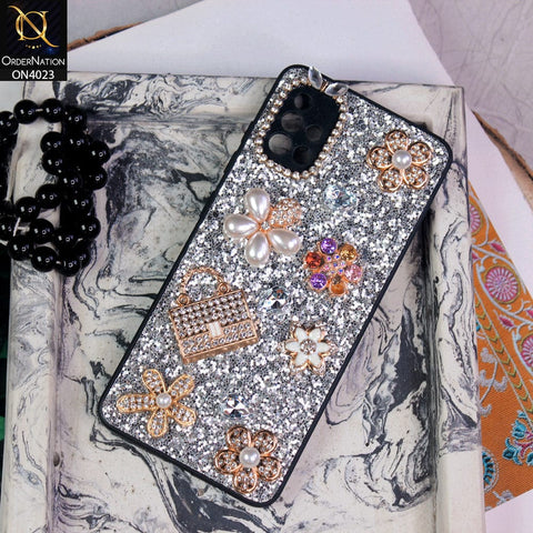 Samsung Galaxy A51 Cover - Silver - New Bling Bling Sparkle 3D Flowers Shiny Glitter Texture Protective Case