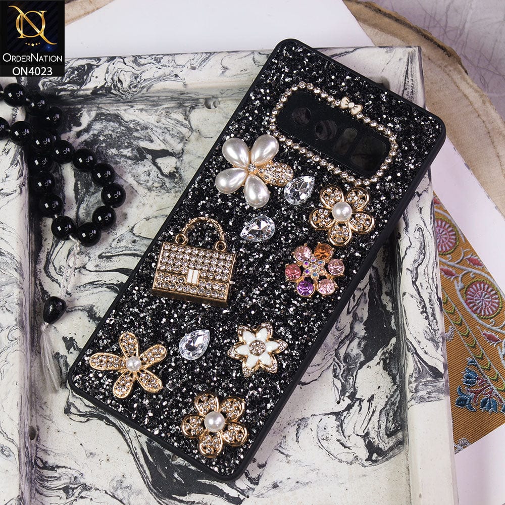 Samsung Galaxy Note 8 Cover - Black - New Bling Bling Sparkle 3D Flowers Shiny Glitter Texture Protective Case