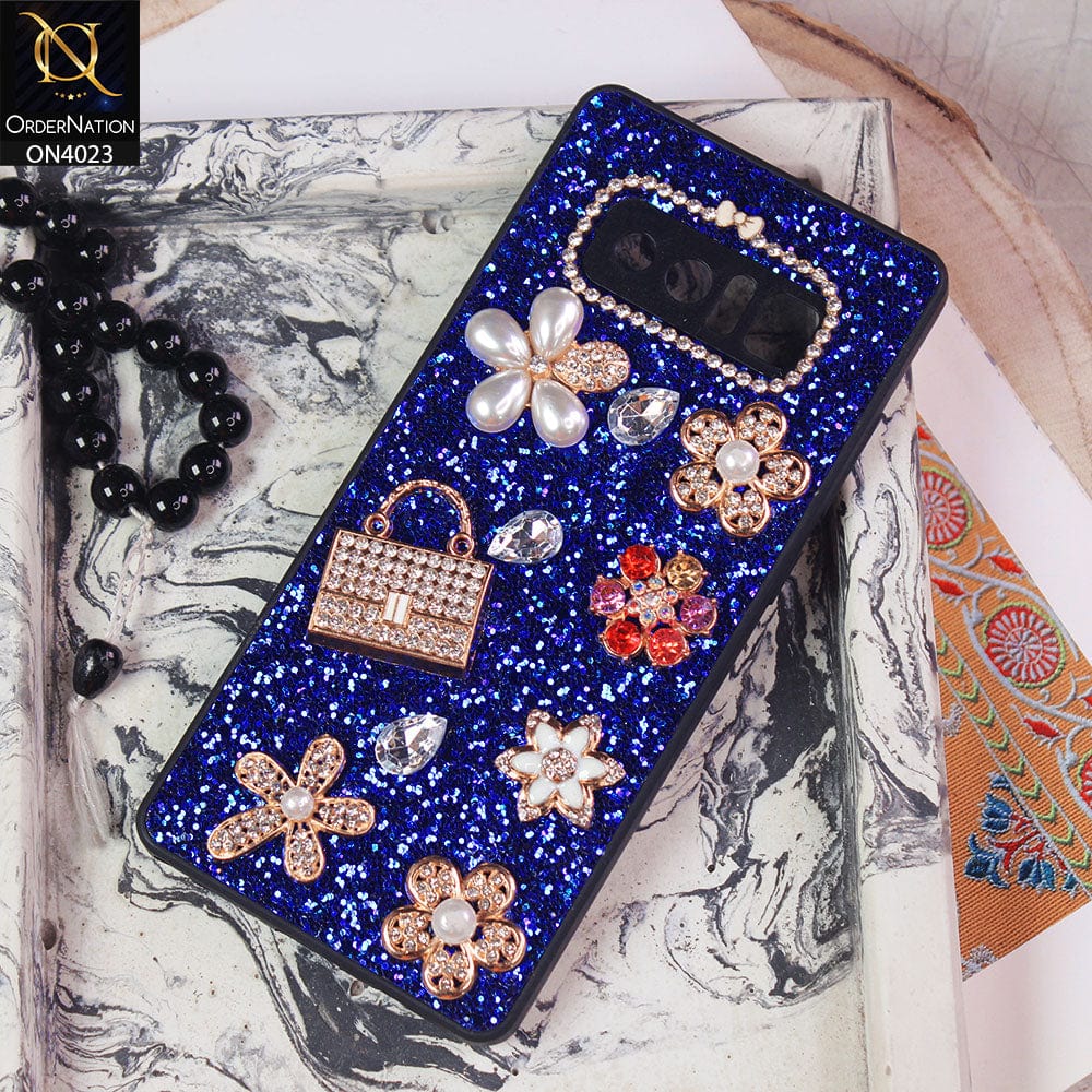 Samsung Galaxy Note 8 Cover - Blue - New Bling Bling Sparkle 3D Flowers Shiny Glitter Texture Protective Case