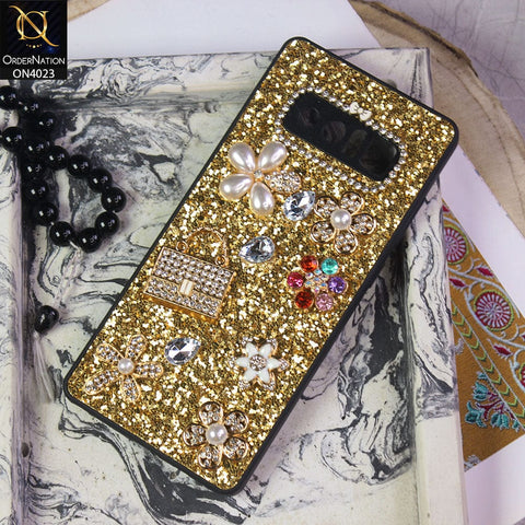 Samsung Galaxy Note 8 Cover - Golden - New Bling Bling Sparkle 3D Flowers Shiny Glitter Texture Protective Case