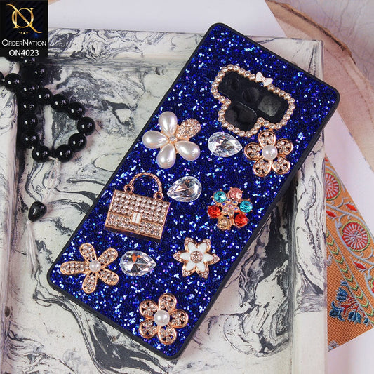 Samsung Galaxy Note 9 Cover - Blue - New Bling Bling Sparkle 3D Flowers Shiny Glitter Texture Protective Case