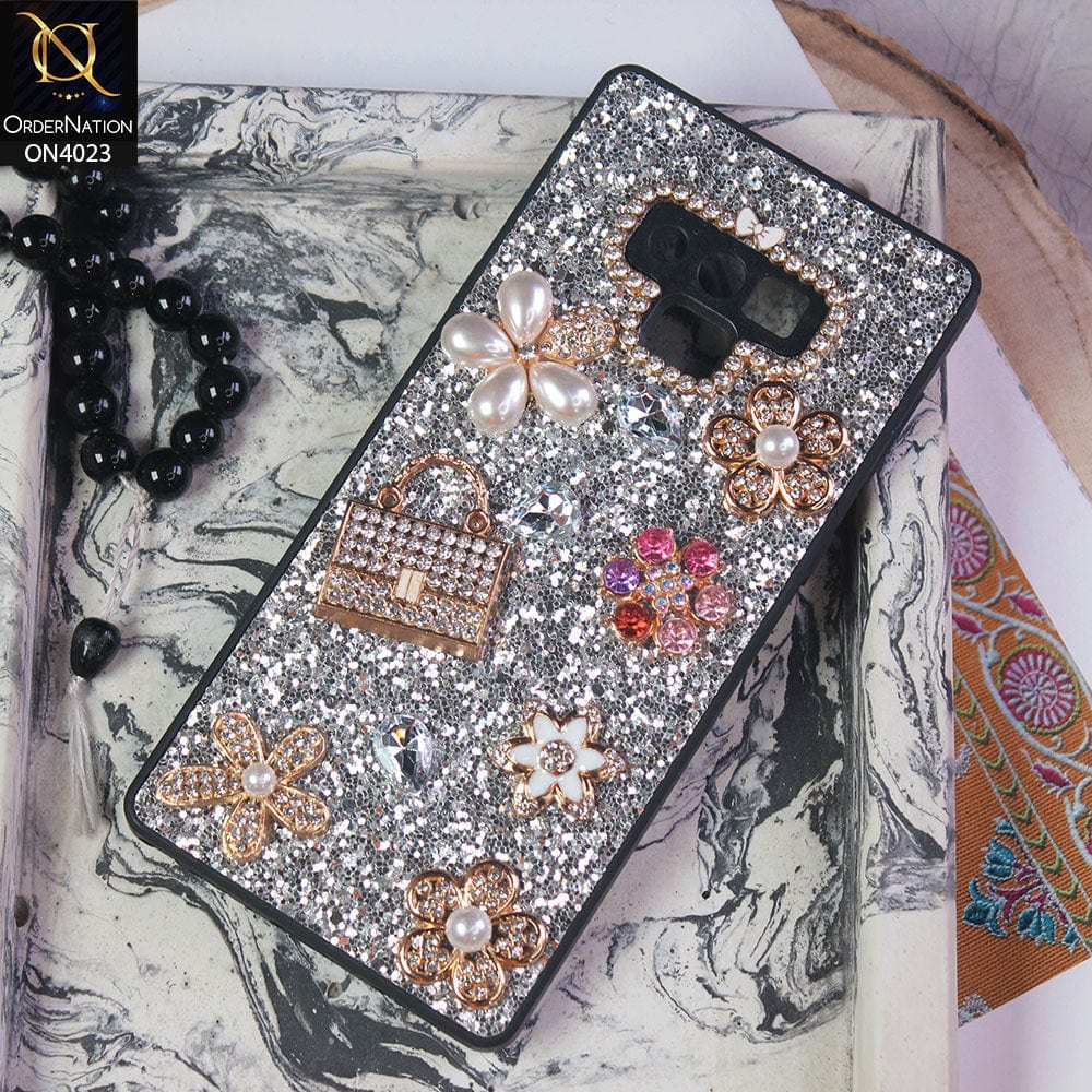 Samsung Galaxy Note 9 Cover - Silver - New Bling Bling Sparkle 3D Flowers Shiny Glitter Texture Protective Case