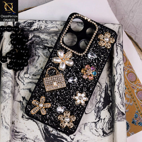 Infinix Smart 7 HD Cover - Black - New Bling Bling Sparkle 3D Flowers Shiny Glitter Texture Protective Case