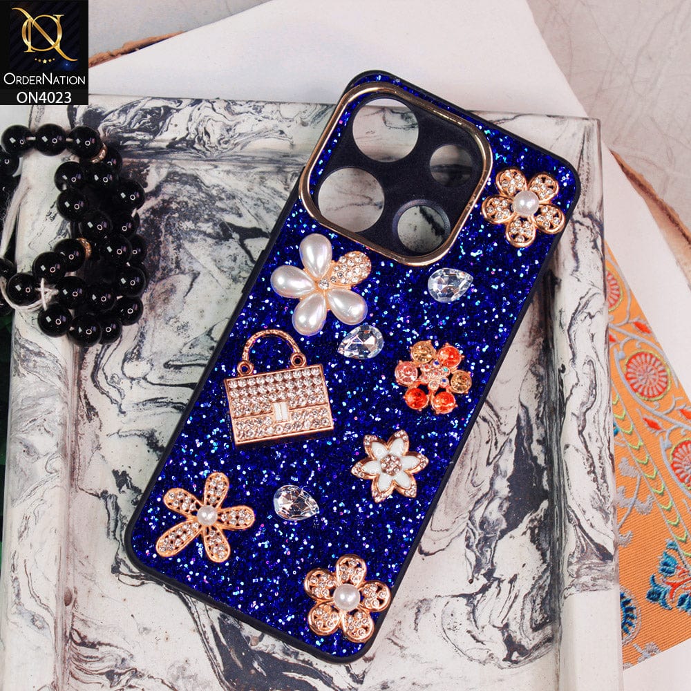 Infinix Smart 7 Cover - Blue - New Bling Bling Sparkle 3D Flowers Shiny Glitter Texture Protective Case
