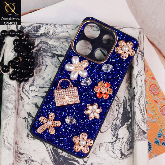 Infinix Smart 7 HD Cover - Blue - New Bling Bling Sparkle 3D Flowers Shiny Glitter Texture Protective Case