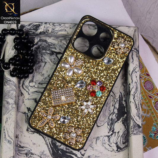 Infinix Smart 7 HD Cover - Golden - New Bling Bling Sparkle 3D Flowers Shiny Glitter Texture Protective Case