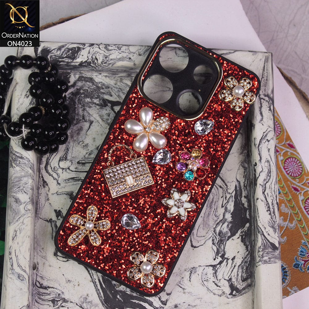 Infinix Smart 7 Cover - Red - New Bling Bling Sparkle 3D Flowers Shiny Glitter Texture Protective Case