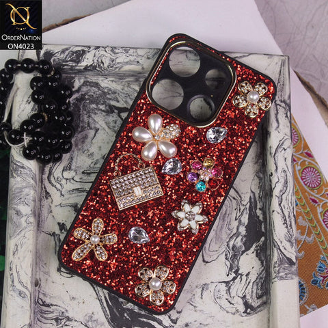 Infinix Smart 7 Cover - Red - New Bling Bling Sparkle 3D Flowers Shiny Glitter Texture Protective Case