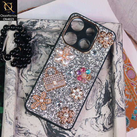 Infinix Smart 7 HD Cover - Silver - New Bling Bling Sparkle 3D Flowers Shiny Glitter Texture Protective Case