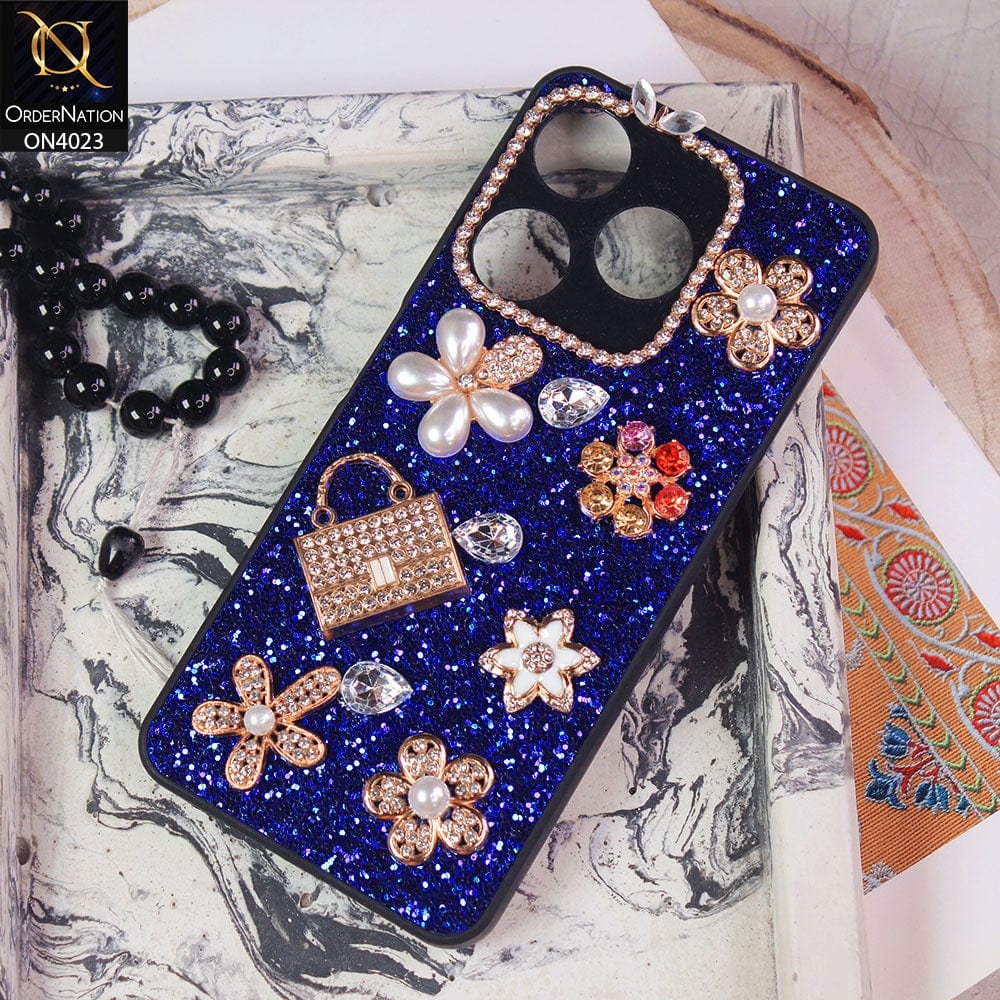 Tecno Spark 10C Cover - Blue - New Bling Bling Sparkle 3D Flowers Shiny Glitter Texture Protective Case