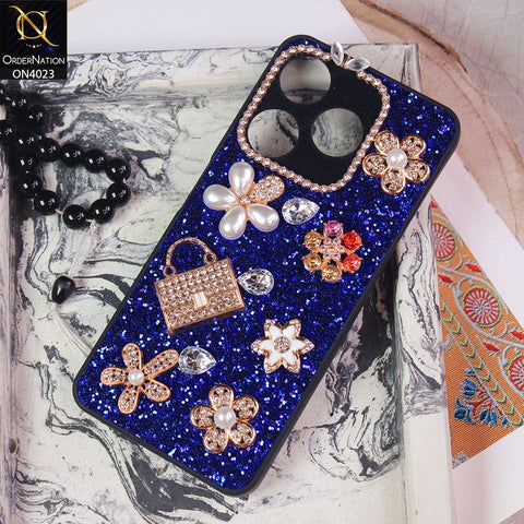 Tecno Spark 10C Cover - Blue - New Bling Bling Sparkle 3D Flowers Shiny Glitter Texture Protective Case