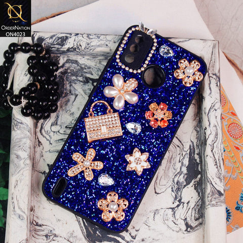 Tecno Spark 6 Go Cover - Blue - New Bling Bling Sparkle 3D Flowers Shiny Glitter Texture Protective Case