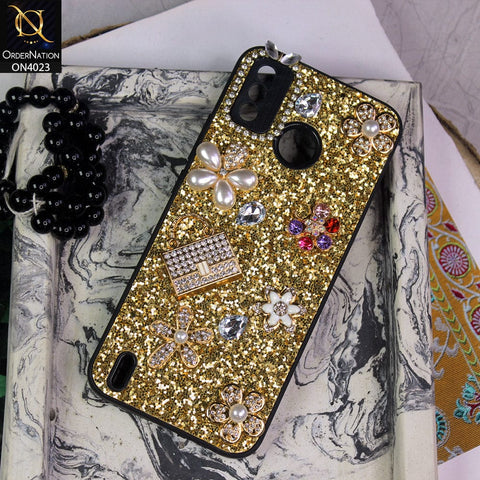 Tecno Spark 6 Go Cover - Golden - New Bling Bling Sparkle 3D Flowers Shiny Glitter Texture Protective Case