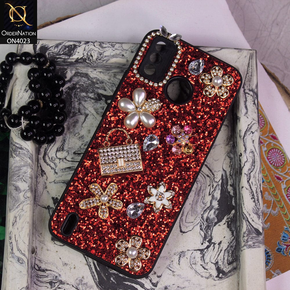 Tecno Spark 6 Go Cover - Red - New Bling Bling Sparkle 3D Flowers Shiny Glitter Texture Protective Case