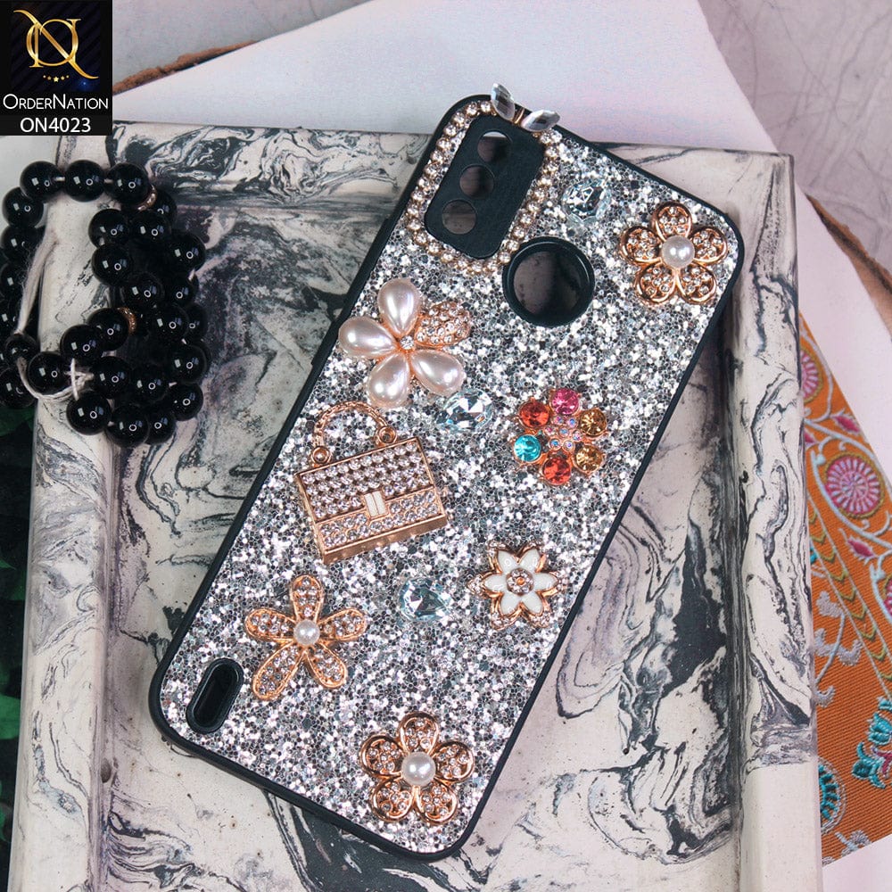 Tecno Spark 6 Go Cover - Silver - New Bling Bling Sparkle 3D Flowers Shiny Glitter Texture Protective Case