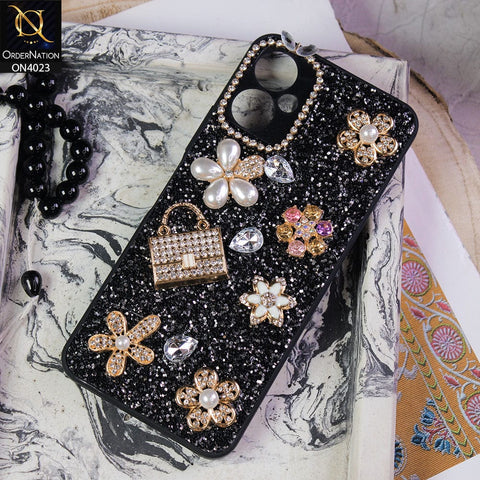 Tecno Spark 9T Cover - Black - New Bling Bling Sparkle 3D Flowers Shiny Glitter Texture Protective Case