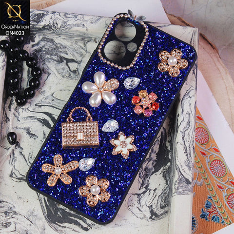 Tecno Spark 9T Cover - Blue - New Bling Bling Sparkle 3D Flowers Shiny Glitter Texture Protective Case