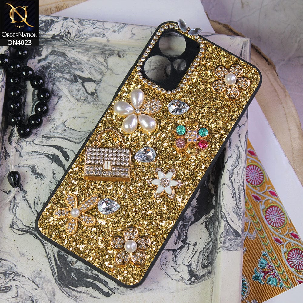 Tecno Spark 9T Cover - Golden - New Bling Bling Sparkle 3D Flowers Shiny Glitter Texture Protective Case