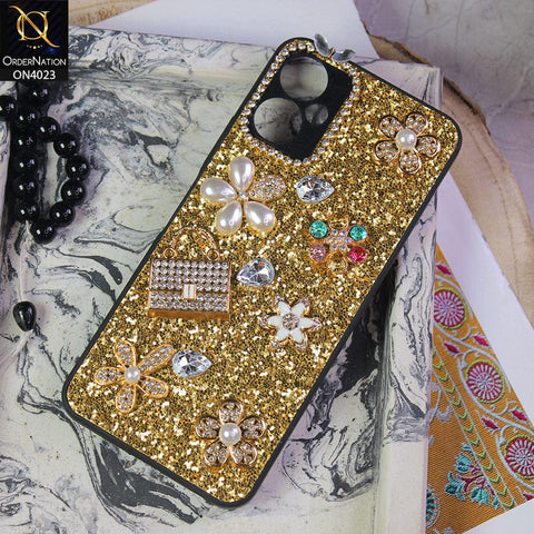 Tecno Spark 9T Cover - Golden - New Bling Bling Sparkle 3D Flowers Shiny Glitter Texture Protective Case